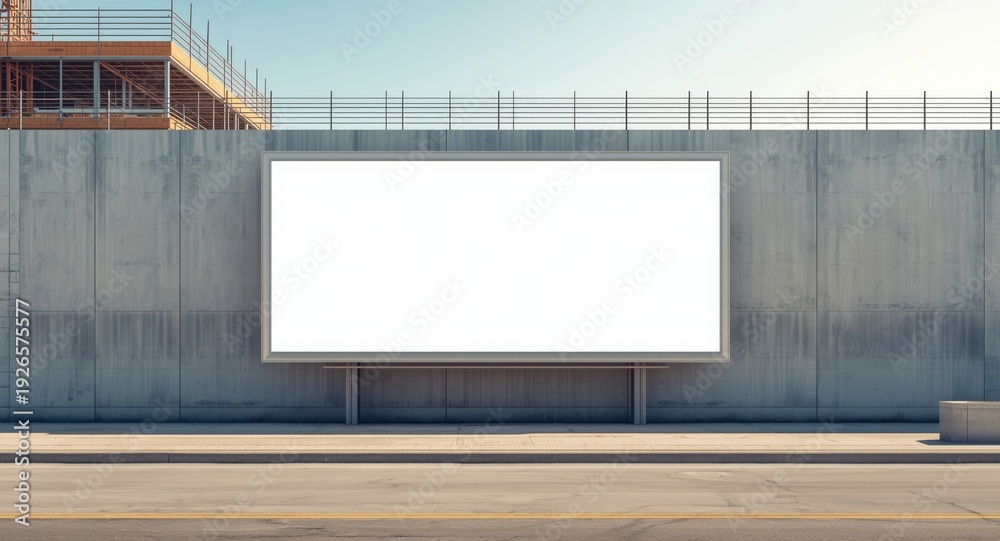 Obraz premium Large empty outdoor billboard with white advertising area next to construction site gray wall
