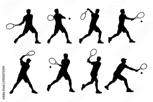 Silhouettes of male tennis players in action poses.