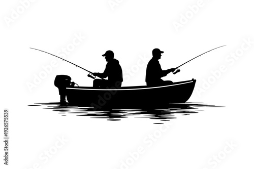 Silhouette of two men fishing in a boat on calm water.