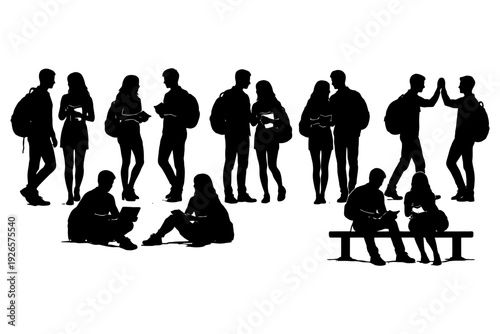 Group of male and female teen silhouettes engaging in various activities.