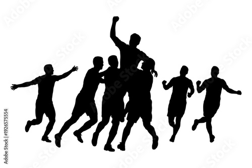 Silhouette of diverse male soccer team celebrating victory.