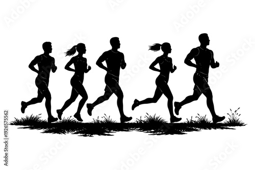 Silhouette of diverse group jogging outdoors in sync.