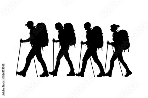 Silhouettes of diverse male and female hikers walking together in line with backpacks.