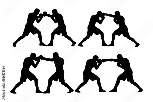 Silhouettes of two male boxers sparring in different poses.