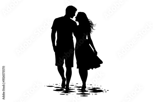 Silhouette of young couple walking together in water puddles.