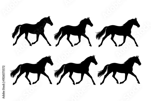 Silhouettes of six prancing horses on white background.