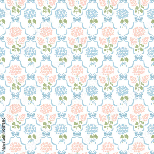 Floral grandmillennial seamless pattern with blue and pink hydrangea, bows, ribbon. Preppy cottagecore trellis print. Vector floral wallpaper, retro repeat background, textile design, vintage paper.