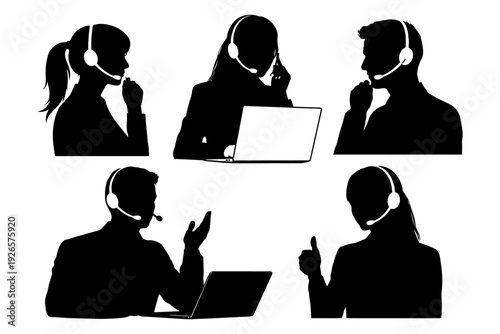 Silhouette of customer support team using laptops and headsets.