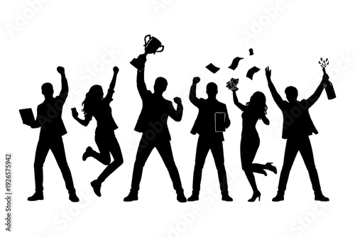 Silhouette of diverse business team celebrating success with trophies and money.