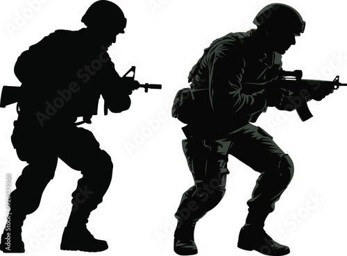 Silhouette of crouching soldiers with rifles in tactical combat gear, military figures in ready stance, armed forces vector illustration artwork