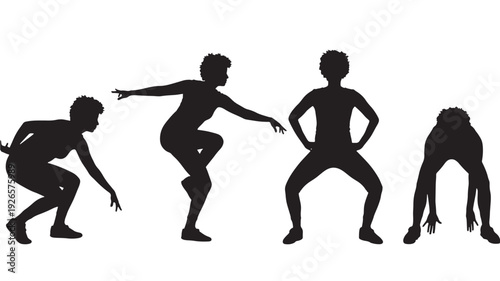 Fitness silhouettes exercise set with four athletic poses including squat, balance, wide stance and forward bend, black human figures isolated on white background