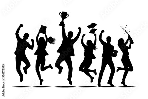 Celebrating success: silhouetted group of young adults jumping with trophies.