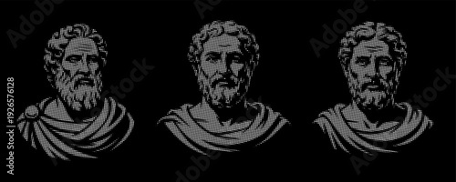 Pop Art Halftone Philosophers - Ancient Greek Roman Bust Statues on Black Background