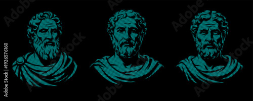 Cyan Halftone Philosophers - Pop Art Ancient Greek Roman Bust Statues on Black