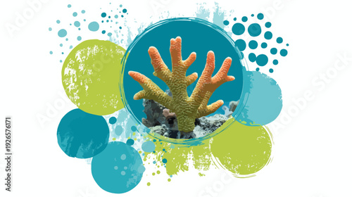 Colorful abstract illustration featuring a coral reef, surrounded by circles and splashes of color