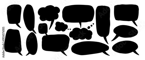Hand-drawn silhouette speech bubbles set. Doodle black simple frames for comic dialog and chat design. Vector collage cutout flat speech text boxes set isolated no background.