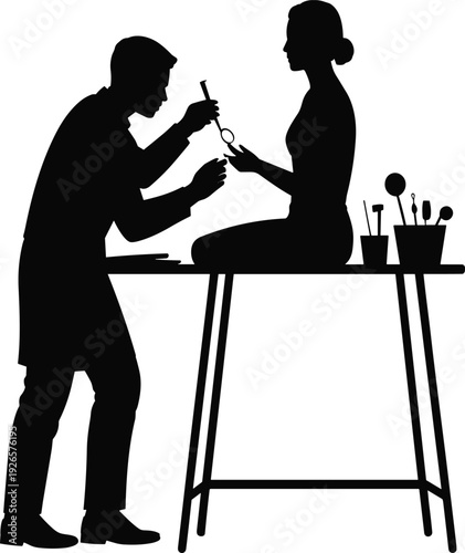 Silhouette of beautician performing manicure treatment on seated client, nail care service with tools, personal grooming, beauty salon illustration and professional design