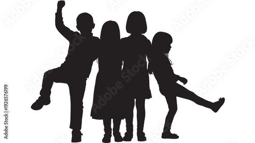 Children group silhouette with playful poses, standing together in a row, one arm raised and legs kicking, isolated on white background for design use