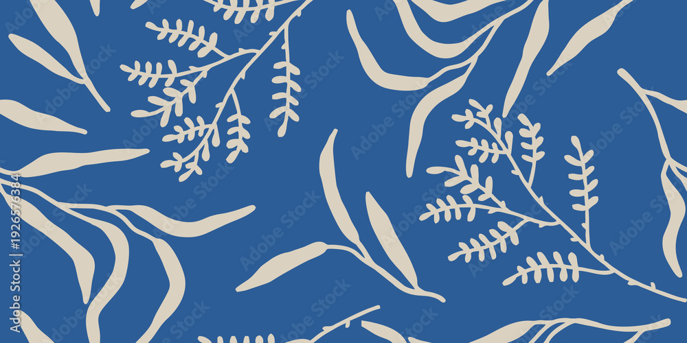 Fototapeta premium Blue and Beige Stylized Botanical Foliage. Seamless Design Pattern