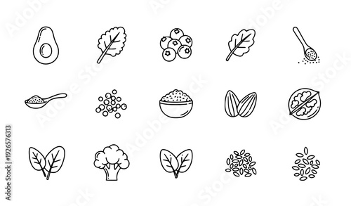 Superfoods Line Icons Vegetables Berries Seeds Grains Nuts Vector Set