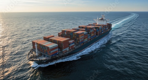 Aerial side perspective of a cargo ship carrying containers in motion showcasing ocean technology for customs clearance and export logistics