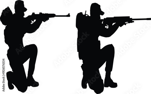 Silhouette of kneeling soldiers with rifles in tactical combat stance, military figures with backpacks and headgear, vector illustration isolated artwork