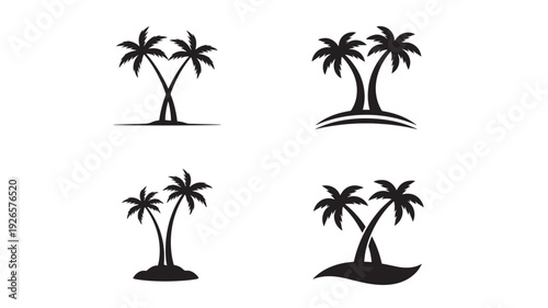 Palm tree silhouettes icon set with tropical island shapes, minimalist black vector logos for beach resort branding, summer vacation design, isolated on white