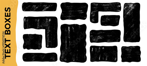 Grunge textured wavy squares and rectangles. Organic geometric shape and frames set. Rectangular irregular crayon block for a text box. Hand drawn pencil chalk charcoal callouts. Square rough element.