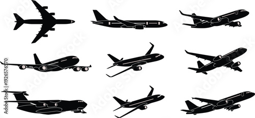 Silhouette of multiple airplanes in different flight positions, commercial jets and military aircraft vector illustration, aviation design isolated artwork