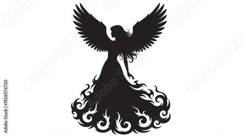 Angel silhouette with wide spread wings and flowing hair, rising from ornate flame swirl dress, fantasy gothic emblem design in black isolated on white background