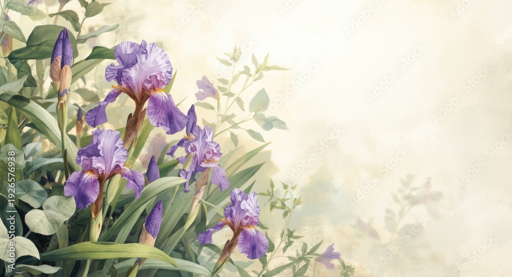 Obraz premium Tranquil watercolor depiction of purple iris blossoms surrounded by dense foliage