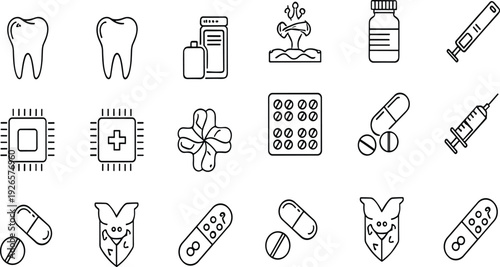 Medical and Healthcare Line Icons Set Featuring Teeth, Medicine, Syringe, Pills, Microchip and Pharmacy Symbols
