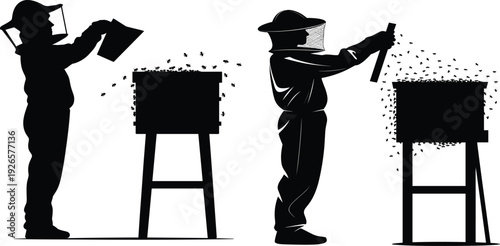 Silhouette of two beekeepers in protective suits working with beehives, handling frames and bees, representing apiculture, honey production, and pollination care