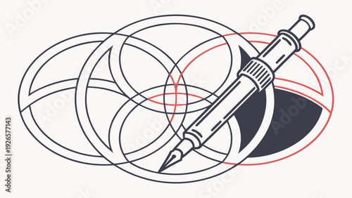 Illustration of overlapping circles with a technical pen drawing and some red circles shown