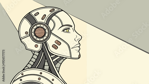 Illustration of a female cyborg with green eyes and a mechanical head looking to the right side