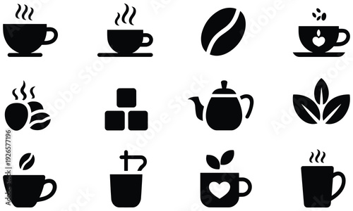 Collection of black coffee and tea icons on a white background featuring various designs and elements related to coffee and tea.