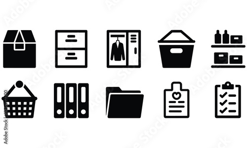 Set of black office supply and storage icons on white background representing organization and workflow