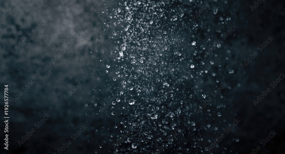 Obraz premium close up view of water spray with droplets against dark textured background