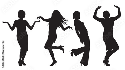Women dancing silhouette set with four female figures in high heels posing and moving, black cutout style isolated on white background for party, disco and nightlife