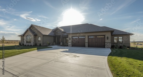 Spacious modern American house with a concrete driveway and double garage doors