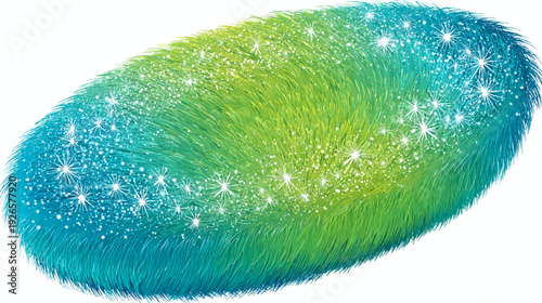 A fluffy, oval-shaped digital art piece in green and blue, speckled with white starbursts