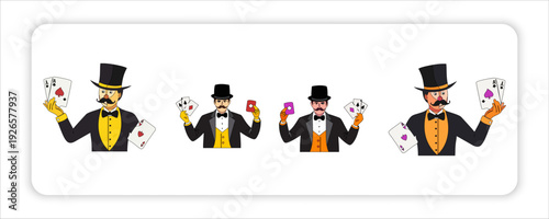 Magic's Revelation: A collection of illusionists, each displaying a set of playing cards and a glimpse into the art of mystery and trickery.