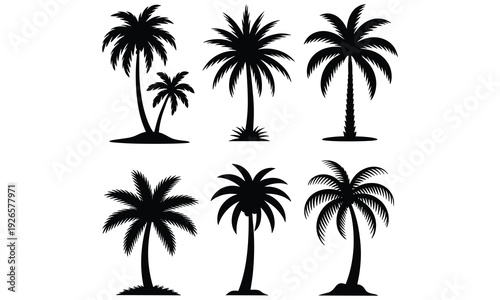 Collection of six black silhouette palm trees in various poses against a white background for graphic design use