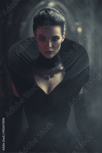 Dominant dark empress in black velvet gown representing luxury perfume concept on charcoal gray background