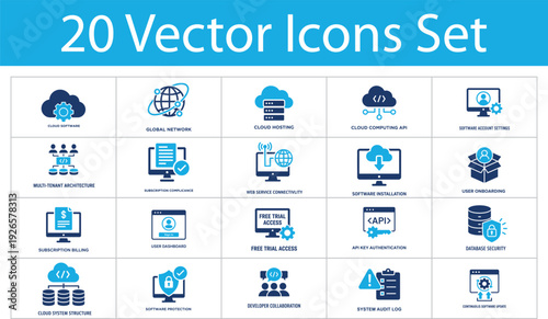 Cloud computing solid icons set. Collection of cloud software, global network, cloud hosting, API integration, subscription billing, database security and continuous software update icons.