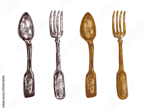 Hand drawn vintage sketch set of fork and spoon in color and monochrome