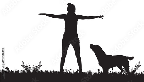 Woman silhouette standing with arms outstretched in grass facing dog on white background, outdoor leisure scene, pet companionship concept in minimal black cutout style