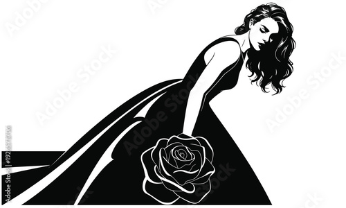 Elegant woman in a beautiful gown holding a rose vector illustration design for fashion and beauty concepts