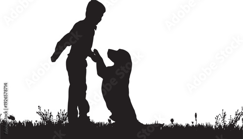 Boy standing with dog silhouette in grassy field as pet begs for treat, minimalist black and white outdoor scene showing friendship, training, and loyalty