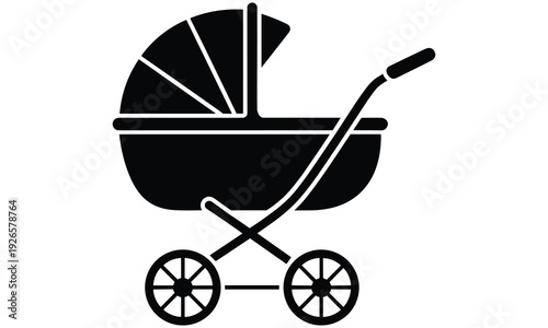 Simple black and white illustration of a baby stroller or pram design element for nursery or parenting related content